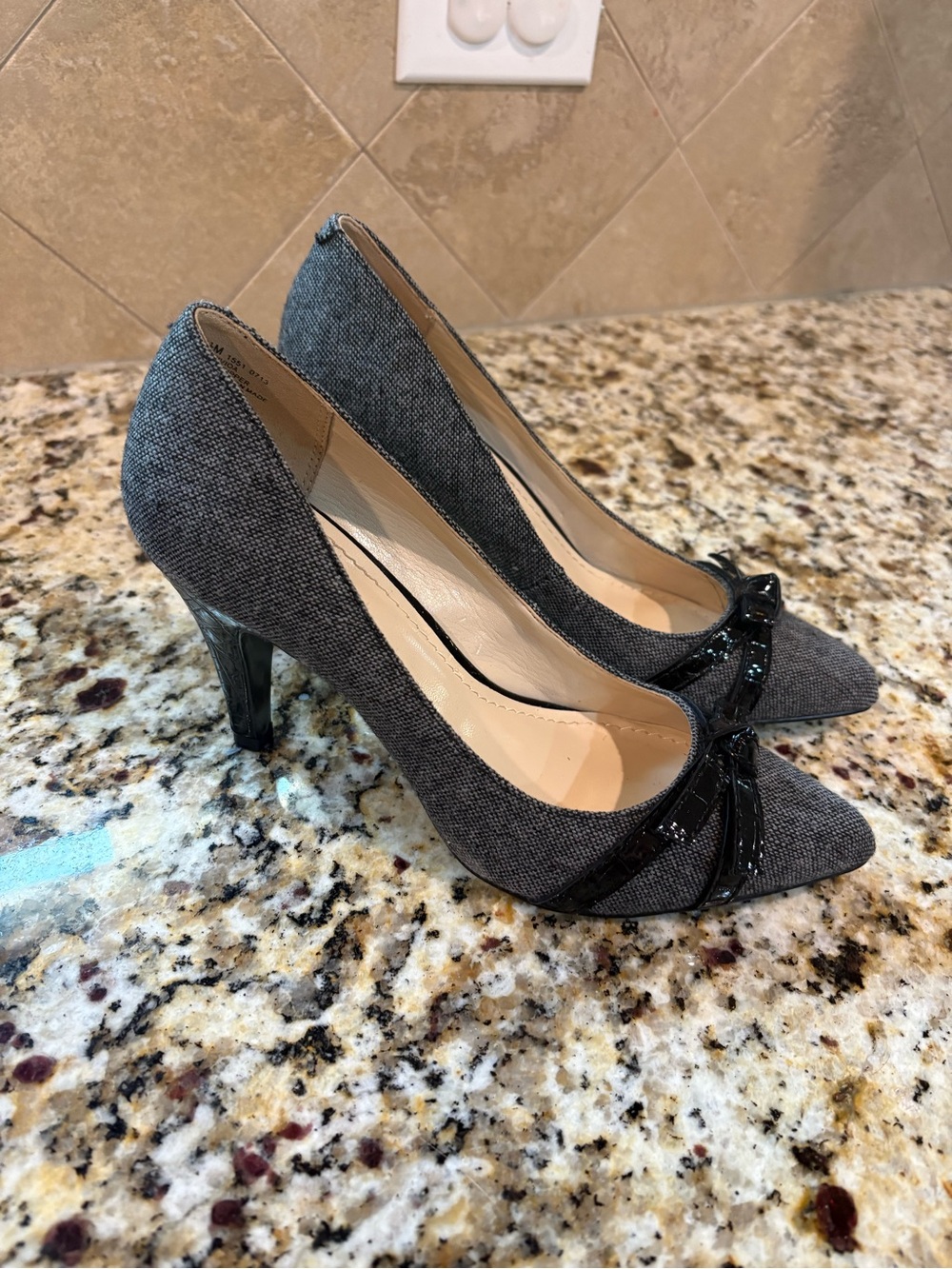 Anne Klein Charcoal Pointed-Toe Pumps with Patent Bow